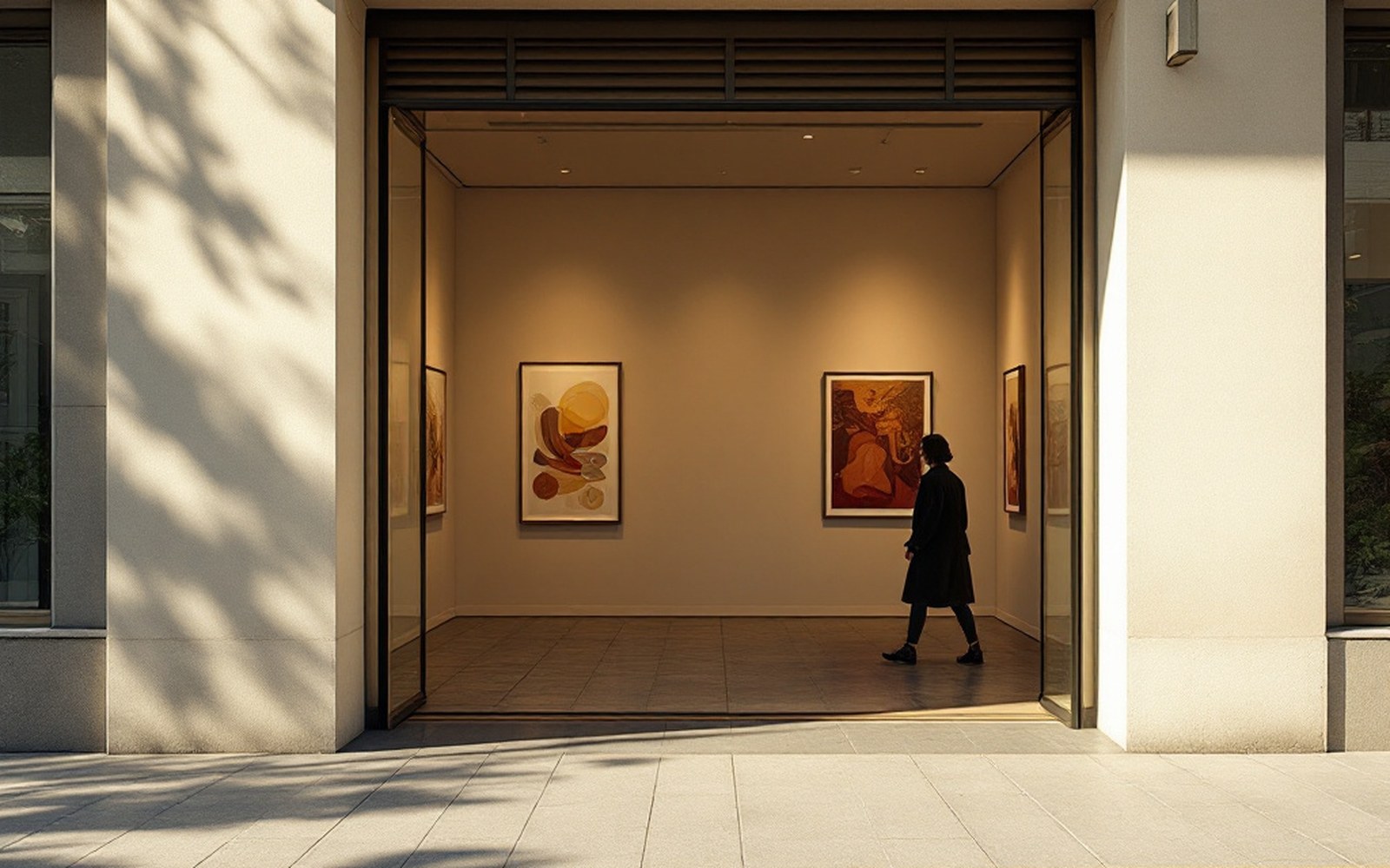 A contemporary gallery entrance on a paved street