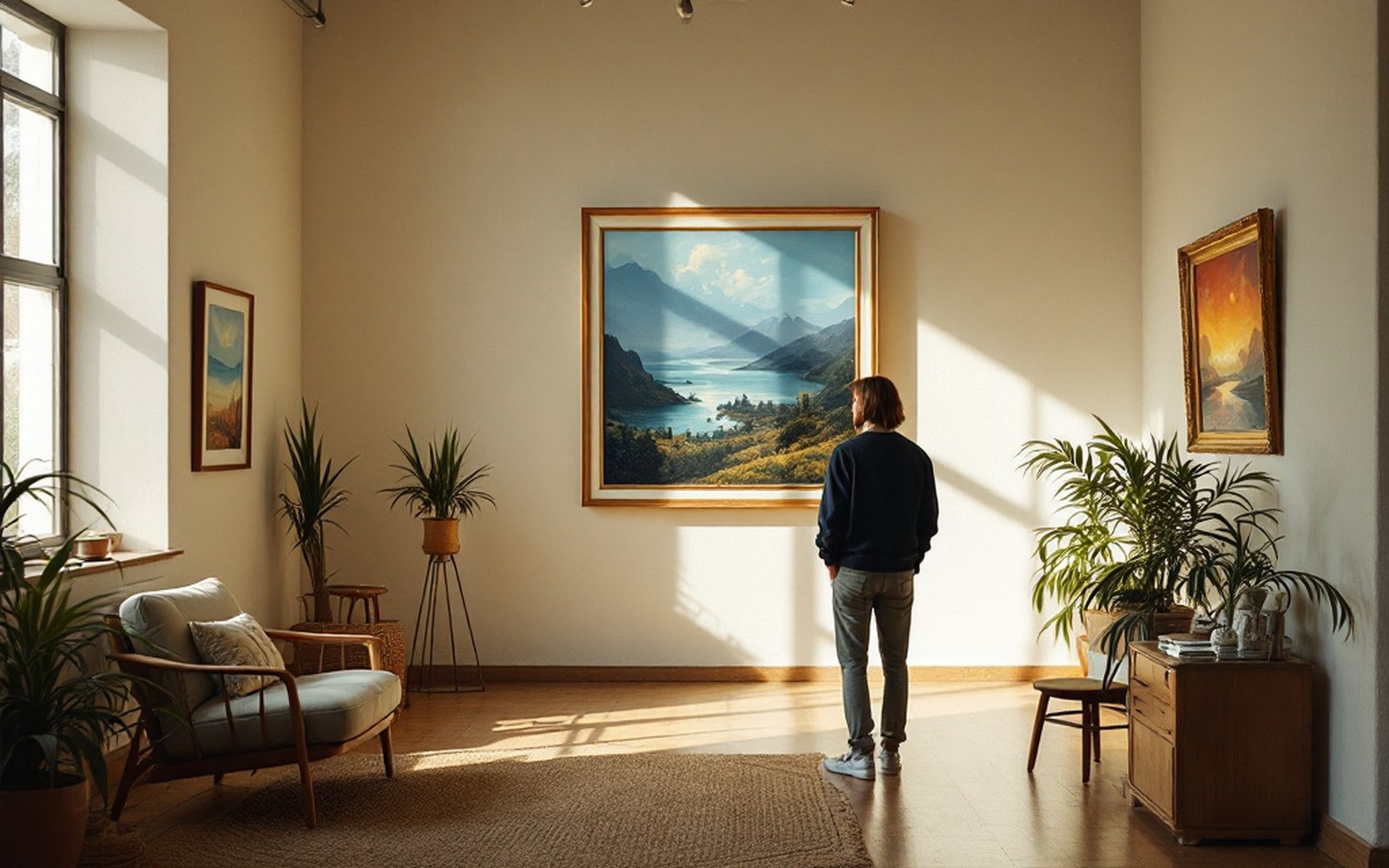 A domestic-scale gallery room with hung work and window light