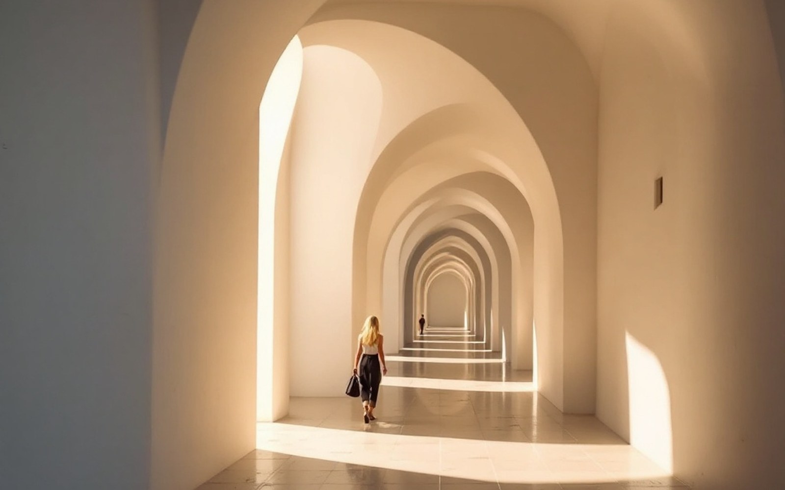 A white arcade of plastered arches in deep shade